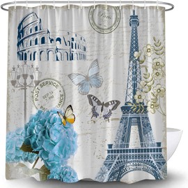 Generic Paris Eiffel Tower Shower Curtain Vintage French Blue Floral Hydrangea France Romantic Blossom Butterfly Retro Car Europe Postmark Envelope Fabric Bathroom Curtain Set with Hooks