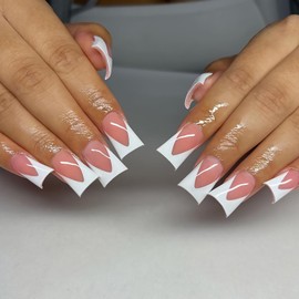 Tyuimhx 24 Pcs Duck Nails Press on Medium White Wide French Tip Fake Nails Glossy Full Cover Duck Feet Nail Tip Acrylic Duck False Nails Stick on Nails Reusable Artificial Nails for Women 24Pcs