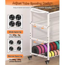3D Printer Stand with Filament Storage Rack, 3-Tier Rolling Spool Holder Table Cart with Wheels, Heavy Duty Metal Filaments Organizer Desk Shelf for Printing Studio Office Workshop, White