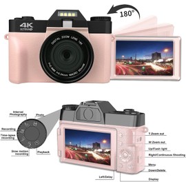eDealz 4K 56MP Digital Camera Photography with 3’’ 180° Flip Screen, WiFi, 16X Zoom, Rechargeable Battery, 64GB Micro SD Card, 6 PC Card Holder USB Card Reader (Pink)