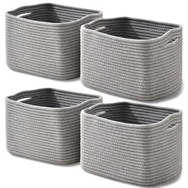 ICERZCZ Small Storage Baskets for Shelves Organizing, Woven Cotton Rope Baskets for Storage, Book Basket, Decorative Shelf Basket, 12.5"Lx9.1''Wx7.9''H (4 Packs) Grey