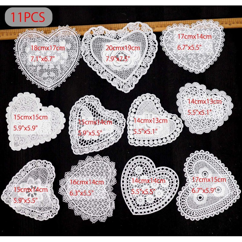 Xiufortion 11PCS Extra Large Heart Shapes Lace Applique Embroidery Organza