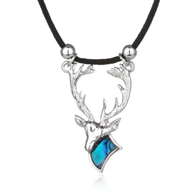 Barch Young Reindeer Pendant Necklace for Women Blue Abalone Paua Shell Deer Pendant on Black Cord/Stainless Chain, Xmas Christmas Necklace Holiday Jewelry Gift