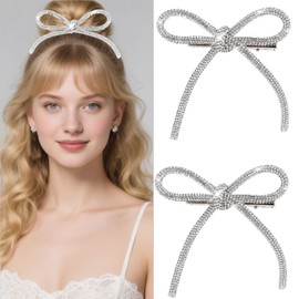 Ecuupas 2Pcs Large Sliver Diamond Bow Clips Bow Gemstone Hair Clips Sliver Alligator Clips Women Hair Accessories for Birthday Party,Shopping,Work,Cloth Match (03)