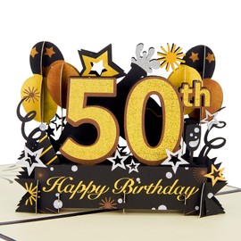 HOMANGA Happy 50th Birthday Pop Up Card, 50th Birthday Card with Note and Envelope, 50th Birthday Gifts for Husband, Wife, Men, Women, 50 Years 3D Pop Up Birthday Greeting Card 6" x 8"