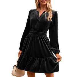 Simplee Womens Velvet Dress 2025 Birthday Holiday Winter Cocktail Long Sleeve Empire Waist V Neck Wedding Guest Party Skater Mini Dresses with Pockets(Black M)