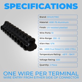 OHLECTRIC 2 Pack - Insulated Wire Connector 10 Port Dual Side Entry for 250-6 Wire Range Lugs with 5/16 Hex Screw, Pre-Filled with Oxide Inhibitor - Wire Connectors, Electrical Connectors, Wire Tap