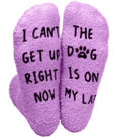 Sunia Cat Dog Gifts for Women, Funny Socks Christmas Birthday Gifts for Cat Dog Lover, Fuzzy Novelty Socks with Gift Box, Purple Dog, One Size