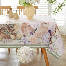 SASTYBALE Easter Spring Tablecloths Rectangle Flower Bunny & Purple Eggs Decorative Table Cloths Easy Clean Beige Fabric Table Cover for Dinner/Party/Picnic/Indoor/Outdoor (Rectangle, 60" x 102")