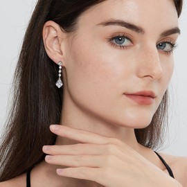 Dangle Earrings Silver Long Drop Earrings for Women Cubic Zirconia Bezel Drop Earrings 925 Sterling Silver CZ Drop Earrings Hypoallergenic Stud Earring Water Drop Earrings ZDaoBen