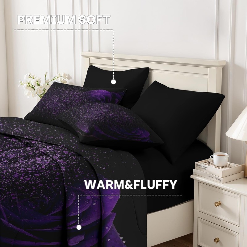 Nesker Comforter Set King Size, Purple Rose 7 Pcs Bedding