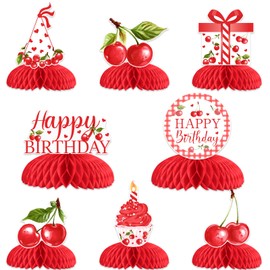 Jollyboom Cherry Theme Birthday Decoration Girl, 8pcs Cherry Happy Birthday Honeycomb Centerpiece Table Decoration for Red Cherry Summer Fruit 1st 2nd 3rd 21st Birthday Party