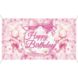BOXOB Pink Bow Happy Birthday Backdrop, 6x3.6ft Bow Happy Birthday Banner Coquette Party Decorations for Women Girls Baby Shower Bachelorette Party