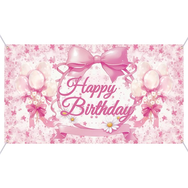 BOXOB Pink Bow Happy Birthday Backdrop, 6x3.6ft Bow Happy Birthday