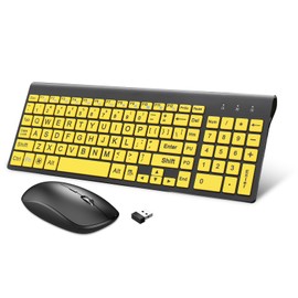 HXMJ-Wireless Large Print Keyboard and Mouse Set with USB Receiver| Quiet Scissor Switch | for Seniors and Visually Impaired Low Vision Individuals-Yellow