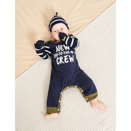 Newborn Baby Boy Romper Alphabet Print Outfits Overall Jumpsuit Clothes One Piece Romper, Striped Navy Blue, Newborn