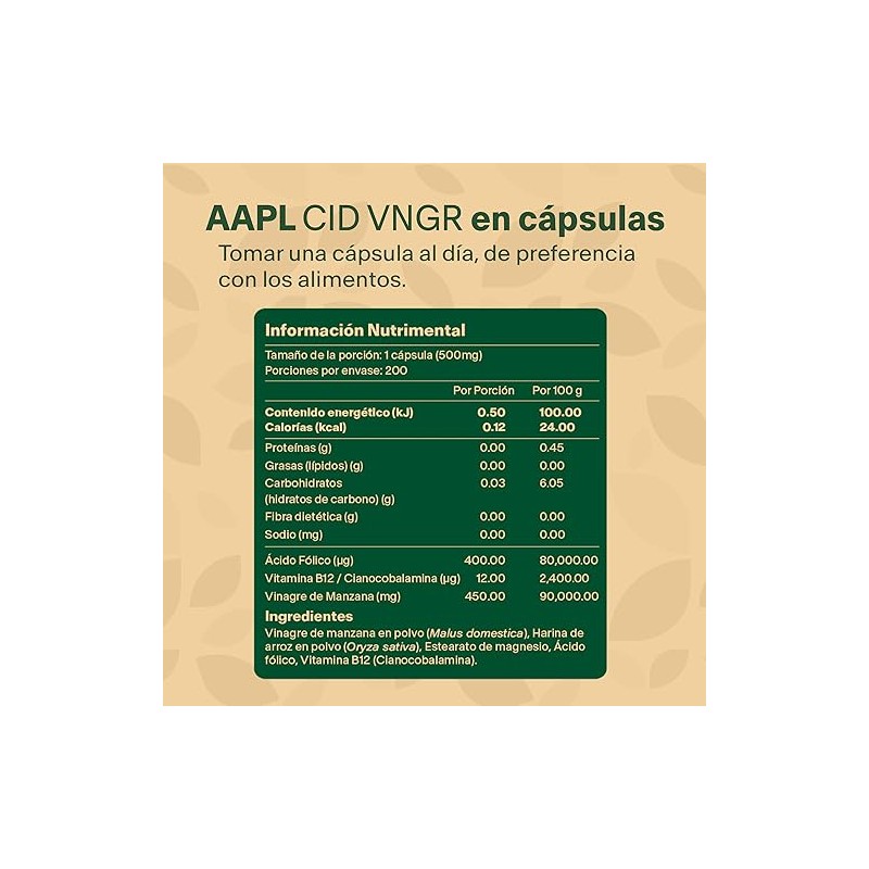 Apple Cider Vinegar Vinagre Sidra de Manzana, Acido Folico y