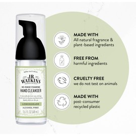 J.R. Watkins No-Rinse Foaming Hand Cleanser – Hand Soap in Pump Dispenser – Bathroom & Kitchen Foam Cleaner – All Natural, Alcohol Free, Lemongrass, 1.6 fl. Oz., Single