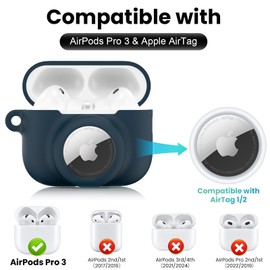 LDSXAY 2 in 1 Silicone Case Compatible with AirPods Pro 3 and AirTag, Shockproof Protective Case Cover for AirPods Pro 3rd Generation 2025 with Cleaner Kit & Carabiner (Dark Blue)