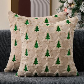 Allorry Christmas Pillow Covers 18x18 Set of 2 Beige Double Xmas Tree Pillow Covers Soft Plush Faux Fur Christmas Decorations for Xmas Winter Holiday Home Bedroom Sofa Cushion Cases PT-008C18