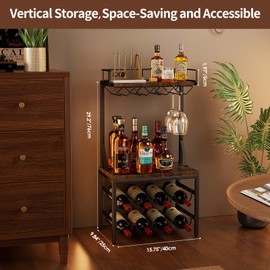 Nuovoware 3-Tier Liquor Cabinet with Wine Rack, Freestanding Liquor Stand with 8-Bottle for Mini Bar, Versatile Wine Rack Freestanding Floor with Tabletop and 8 Glass Holders, Black+Retro Brown