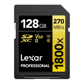 Lexar Professional SDXC Card, 128 GB, GOLD Series, 1800x UHS-II Class 10, U3, V60, Maximum Readout, 270MB/s Maximum Write: 180MB/s, Supports Domestic Manufacturers, LSD1800128G-BNNNG