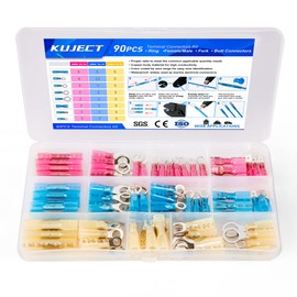 Kuject 90PCS Heat Shrink Wire Connectors, Multipurpose Waterproof Electrical Wire Terminals kit, Insulated Crimp Connectors Ring Fork Spade Butt Splices for Automotive Marine Boat Truck