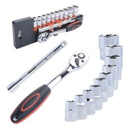 XYZDOUBLE 12-Piece Socket Spanner Set with 3/8 Inch Ratchet 8 mm - 19 mm Hexagonal Bit Inserts and Extension 200 mm Reversible Ratchet Made of CR-V with Push Button Release