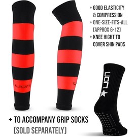 Lion Sportswear Soccer Sock Leg Sleeves To Accompany Grip Socks - Fits Over Calf/Shin Guards - Variety Of Colours To Match Your Team Kit (Black/Red)