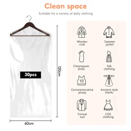 Dry Cleaning Bags, 30 Pcs Plastic Clothes Covers, 60 * 130cm Plastic Garment Bags Garment Bags for Hanging Clothes for Clothes Shirt Jacket Suit Sweater(Transparent)