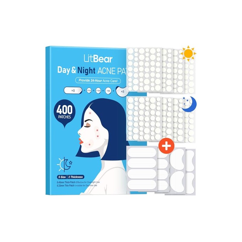 LitBear Hydrocolloid Acne Patches - 5 Sizes for Day &