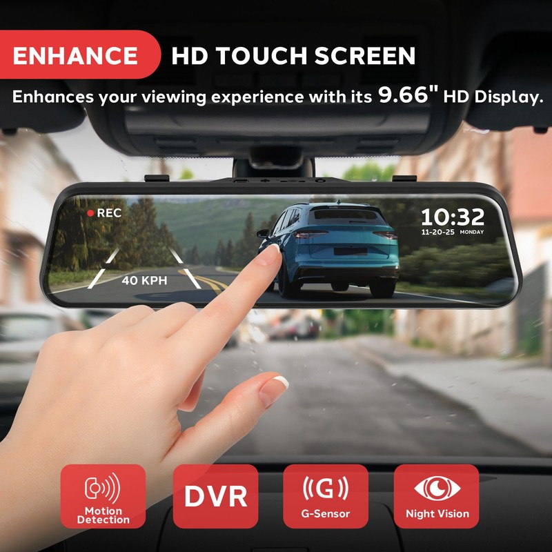 Pyle Dual Dash Cam Rearview Mirror, 1080p Full HD Front