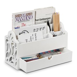 Dhmkfly Desk Organizer with Drawer Wood File Office Mail Organizer Countertop-5 Slot Tabletop Storage Pen Organizer Letter Holder for School Home Office Supplies (White)