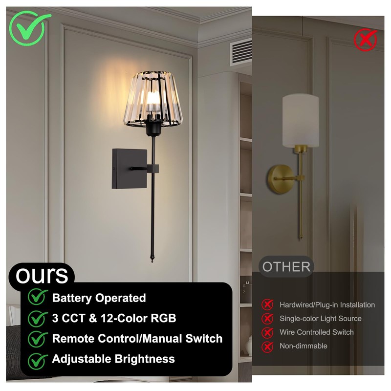 Battery Operated Crystal Wall Sconces Set of 2,Black Rechargeable Wireless