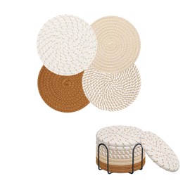 Set of 8 Minimalist Cotton Woven Drink Coasters with Holder - Absorbent Coaster Set for Home Decor and Tabletop Protection - 4.3 Inches, 4 Colors - Suitable for Various Cup Types