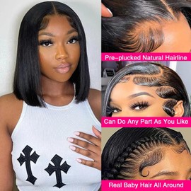 JFOOHD Bob Wig Human Hair 13x4 Frontal Lace Wig Straight 180% Density HD Lace Front Wigs Human Hair Pre Plucked Glueless Bob Wigs for Women Human Hair Wigs (13x4 ST bob wig, 12 inch)