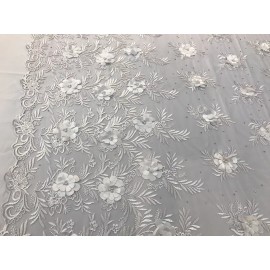 NEW CREATIONS FABRIC AND FOAM INC WHITE 3D FLORAL DESIGN EMBROIDERY WITH PEARLS ON A MESH LACE-SOLD BY YARD.
