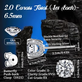 Moissanite Earrings, Moissanite Stud Earrings for Women Men, D Color VVS1 Simulated Diamond S925 Sterling Silver Moissanite Stud Earrings-2.0 Carats Total (1 ct Each)