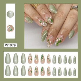 Green Glitter Press on Nails Medium Almond Fake Nails with Cute Flower Design White Floral Glue on Nails Full Cover Green False Nails Glossy Skin Tones Stick on Nails for Women Girls Manicure 24Pcs
