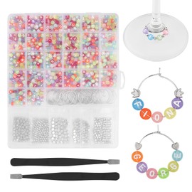 MOMOTONX 60 Sets DIY Wine Glass Charms – 1300 Letter Beads, 300 Silver Bead Charms, 60 Rings, 2 Tweezers, Storage Bag – Transparent Style Wine Glass Markers for Weddings, Parties, Events