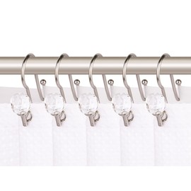 Shower Hooks - Double Shower Curtain Rings for Bathroom - Rust Proof Shower Curtain Hooks for Shower Curtain or Liner - Shower Curtain Rings with Crystal Design - Set of 12, Brushed Nickel