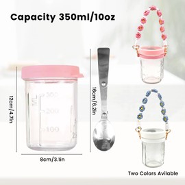 Daily Treasures 2 Pack overnight Oats Containers with a Woven Handle Strap,10 oz Jar Containers with Lids with Stainless Steel Folding Spoon,Airtight Meal Prep Cups for Cereal, Fruit（Pink,White）