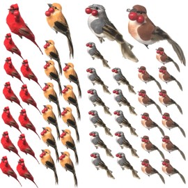 BANBERRY DESIGNS Feathered Song Bird Clip-On Ornaments - Set of 48 Assorted Styles of Birds with Metal Clips - Cardinals, Orioles, Finches and Chickadees Carrying Red Berries - Measures 4" W