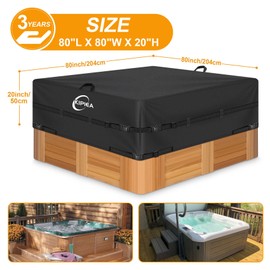 Kipiea 600D Outdoor Waterproof Square Hot Tub Cover Protector, Heavy Duty Polyester SPA Cover UV Protection Cover 80" L x 80" W x 20" H, Black