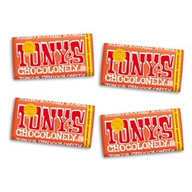 Tony’s Chocolonely Belgian Milk Chocolate Candy Bar With Caramel & Sea Salt, Chocolate Bars for Snacks, Party Favors, or Gifts, 32% Cacao, Made From Quality Fairtrade Cocoa, 4 Bars, 6.35 Oz Each