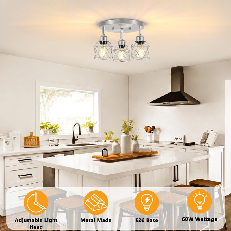 Baocuz 3-Light Brushed Nickel Semi Flush Mount Ceiling Light, Adjustable