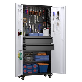 GangMei Metal Garage Storage Cabinet with Locking Doors and Adjustable Shelves, 71"H Rolling Tool Storage Cabinet with Wheels, 2 Drawers, Pegboard and 16 Hooks for Garage, Warehouse, Black and Silvery