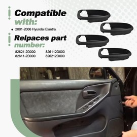 4Pcs Interior Door Handle Set Left Right Front Rear Black Cover Bezel Trim Kit Compatible with 2001-2006 Hyundai Elantra Replace 82621-2D000 82611-2D000 826112D000 826212D000