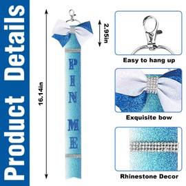 LANGFON 2PCS Rhinestone Pin Me Cheer Keychain, Blue Glitter Pin Me Ribbon Keychains for Cheerleader Backpack, Rhinestone Cheerleader Keychain Cheer Bow Pin Holder for School Bag Women Gifts