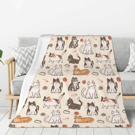 Kids Cats Print Blanket Throw 50"x40", Plush Flannel Blankets with Cats On It, Soft Warm Decorative for Kids Women Cat Lovers
